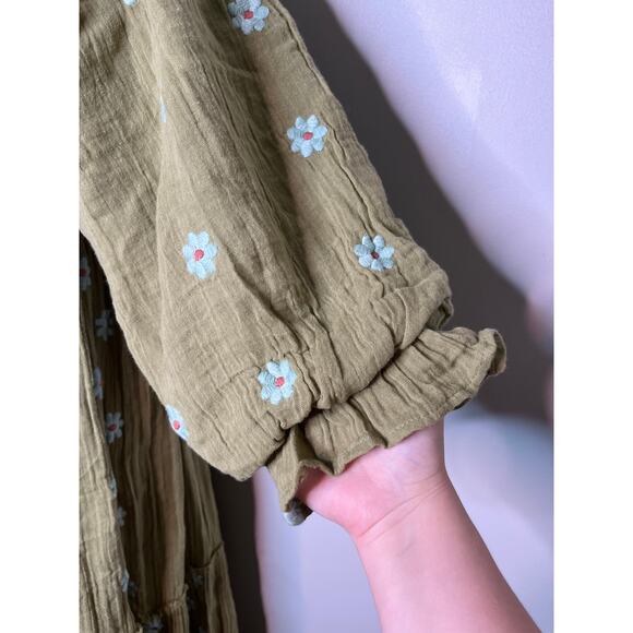 Free People Green Floral Fairy Cottage Boho Gauze Smocked Dahlia Maxi Dress M - Picture 5 of 6